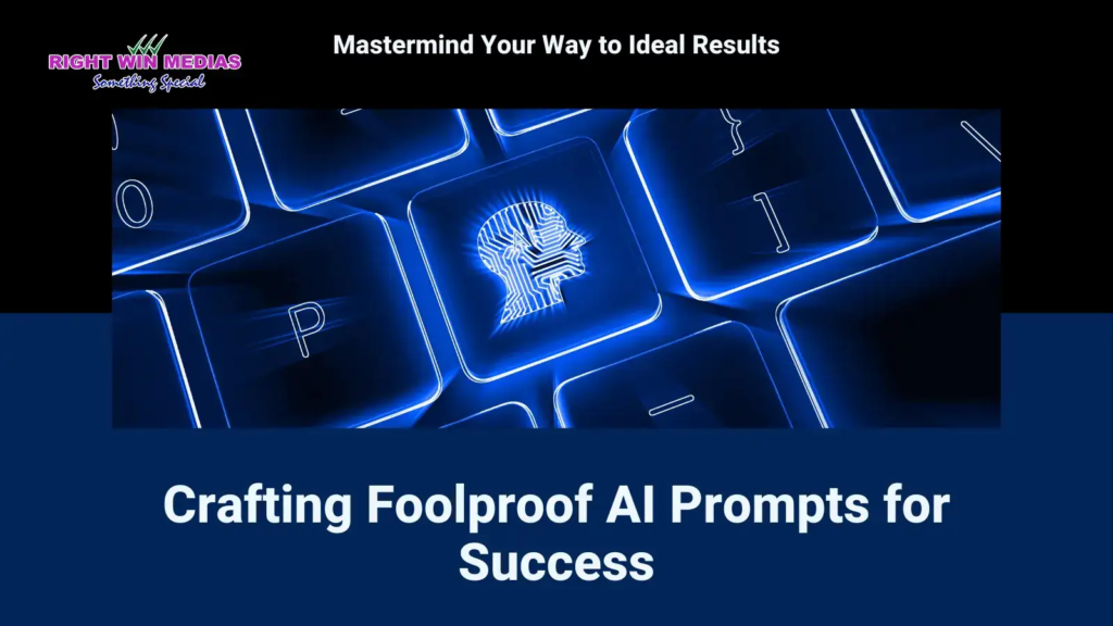 Keyboard keys with glowing AI head icon, text: 'Crafting Foolproof AI Prompts for Success', Right Win Medias banner.