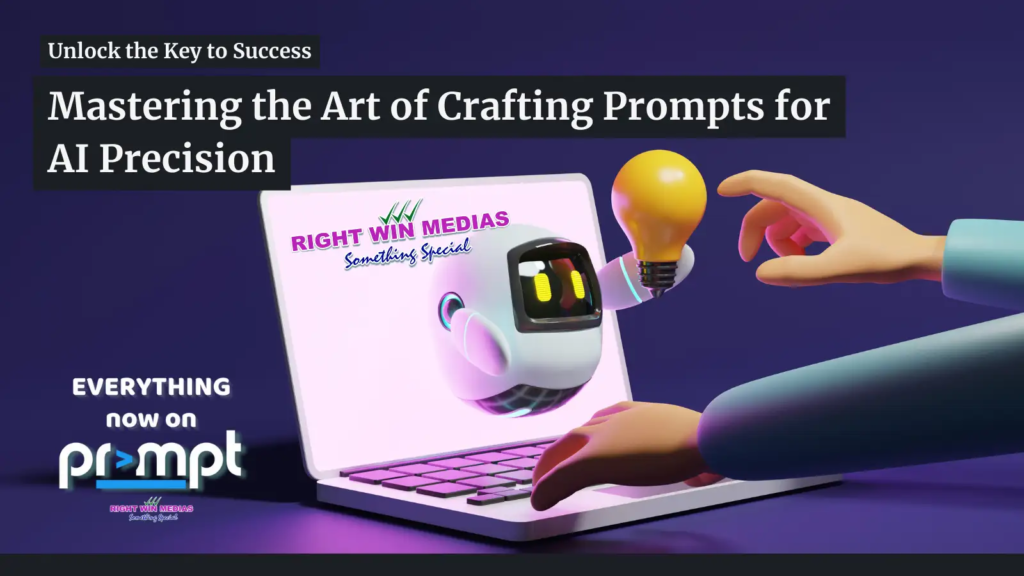 3D robot with a light bulb, emerging from a laptop screen displaying "RIGHT WIN MEDIAS." Text: "Mastering the Art of Crafting Prompts.