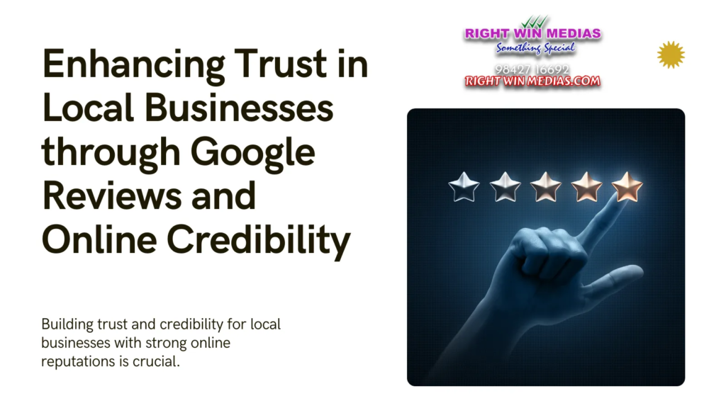 Image promoting trust in local businesses through Google reviews, featuring a hand pointing at a five-star rating.