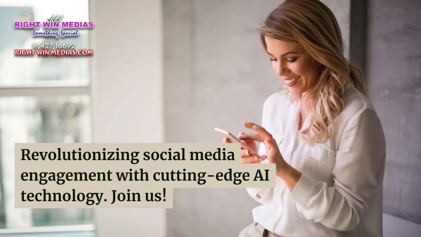 Woman smiling while using her smartphone, with text: "Revolutionizing social media engagement with cutting-edge AI technology. Join us!