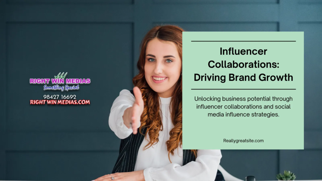 A smiling woman extending her hand for a handshake next to a sign about influencer collaborations driving brand growth.