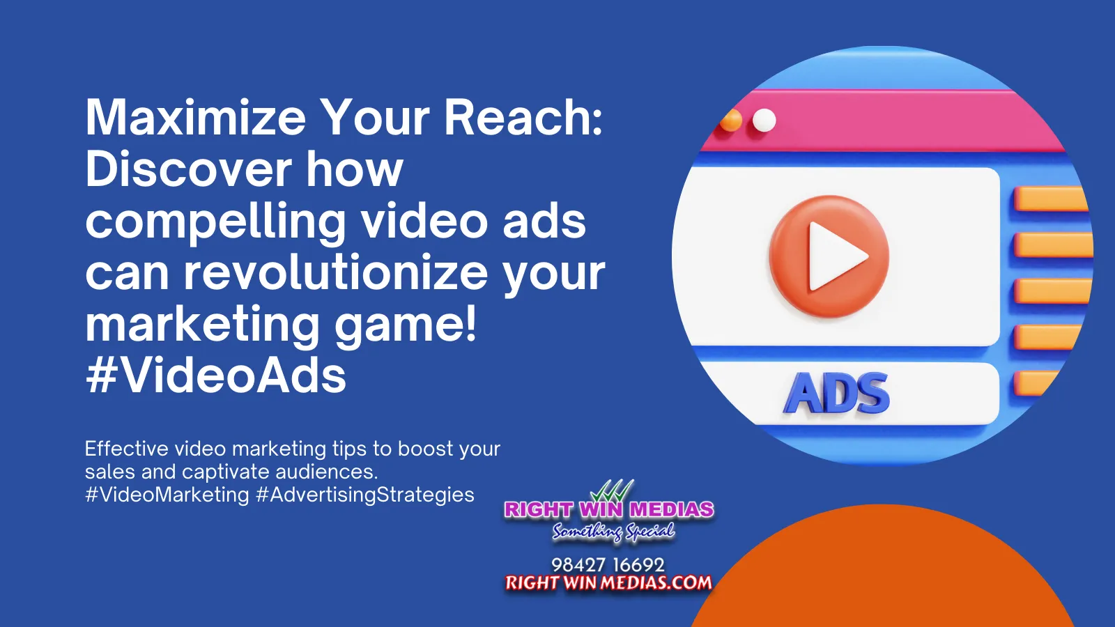 Text promoting compelling video ads to boost marketing impact. Includes contact details for Right Win Medias and related hashtags.