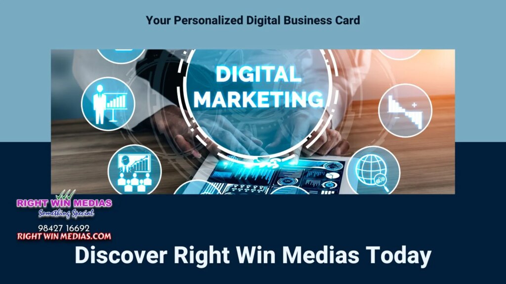 Digital marketing image with various icons illustrating analytics, graphs, and global connectivity. Text: "Discover Right Win Medias Today.